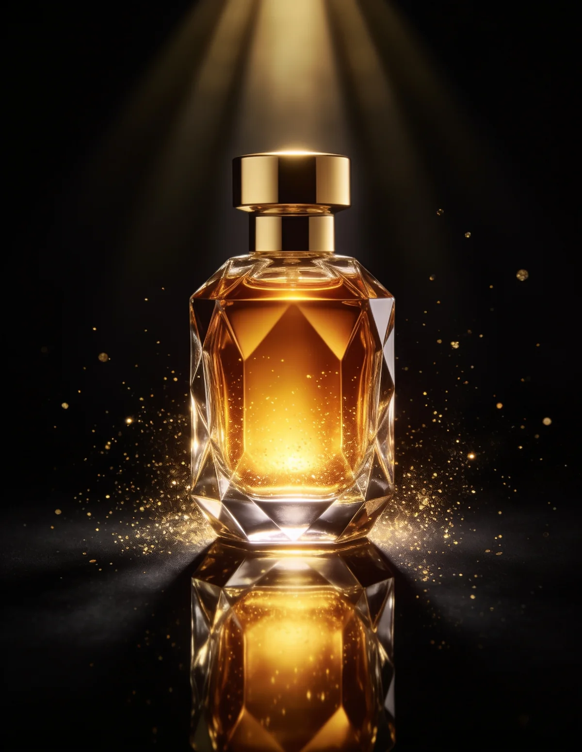 Frasco de perfume de lujo que se ilumina con líquido dorado al pasar el cursor